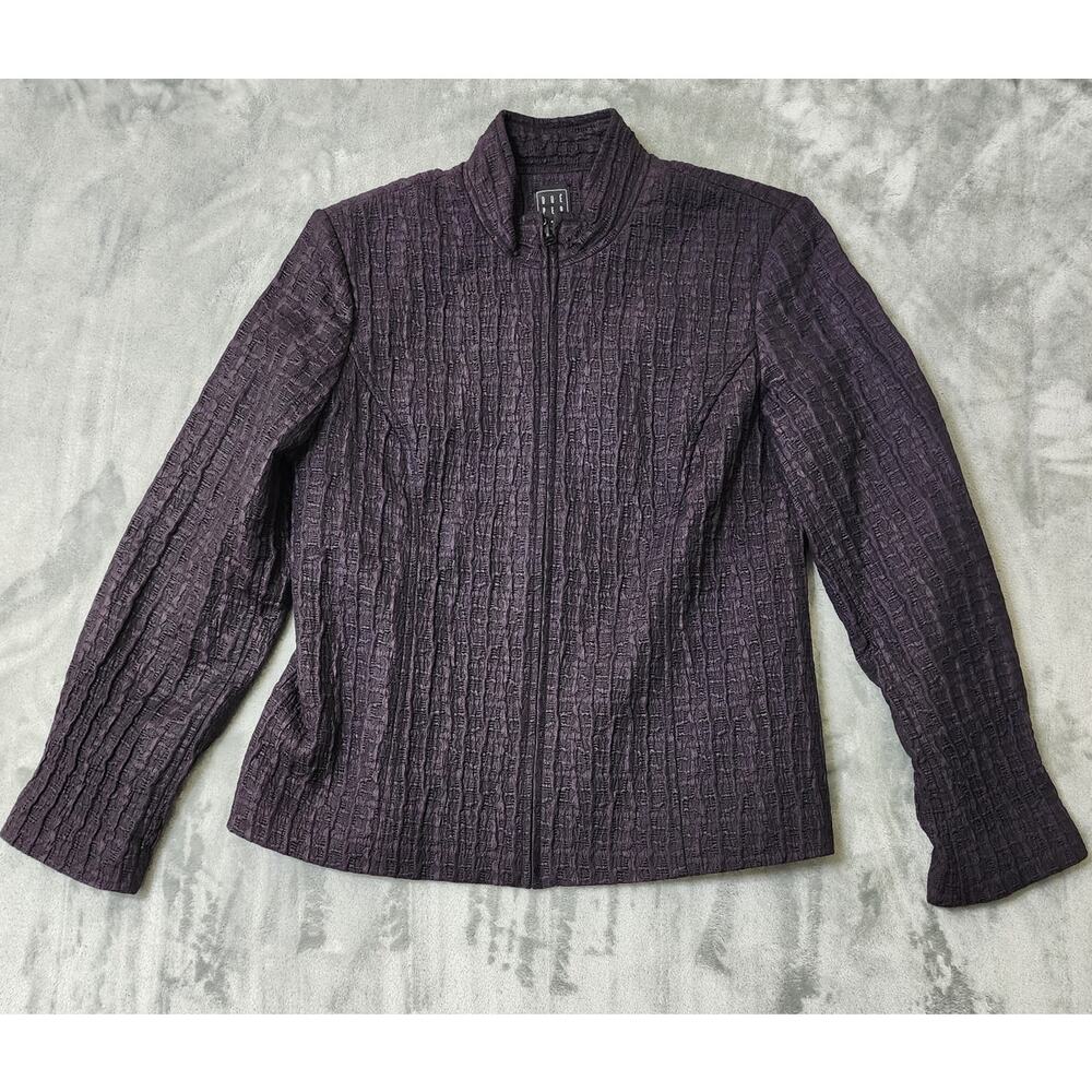 Due Per Due Jacket Womens L Purple Black Textured Stretch Zip Front Stand Collar